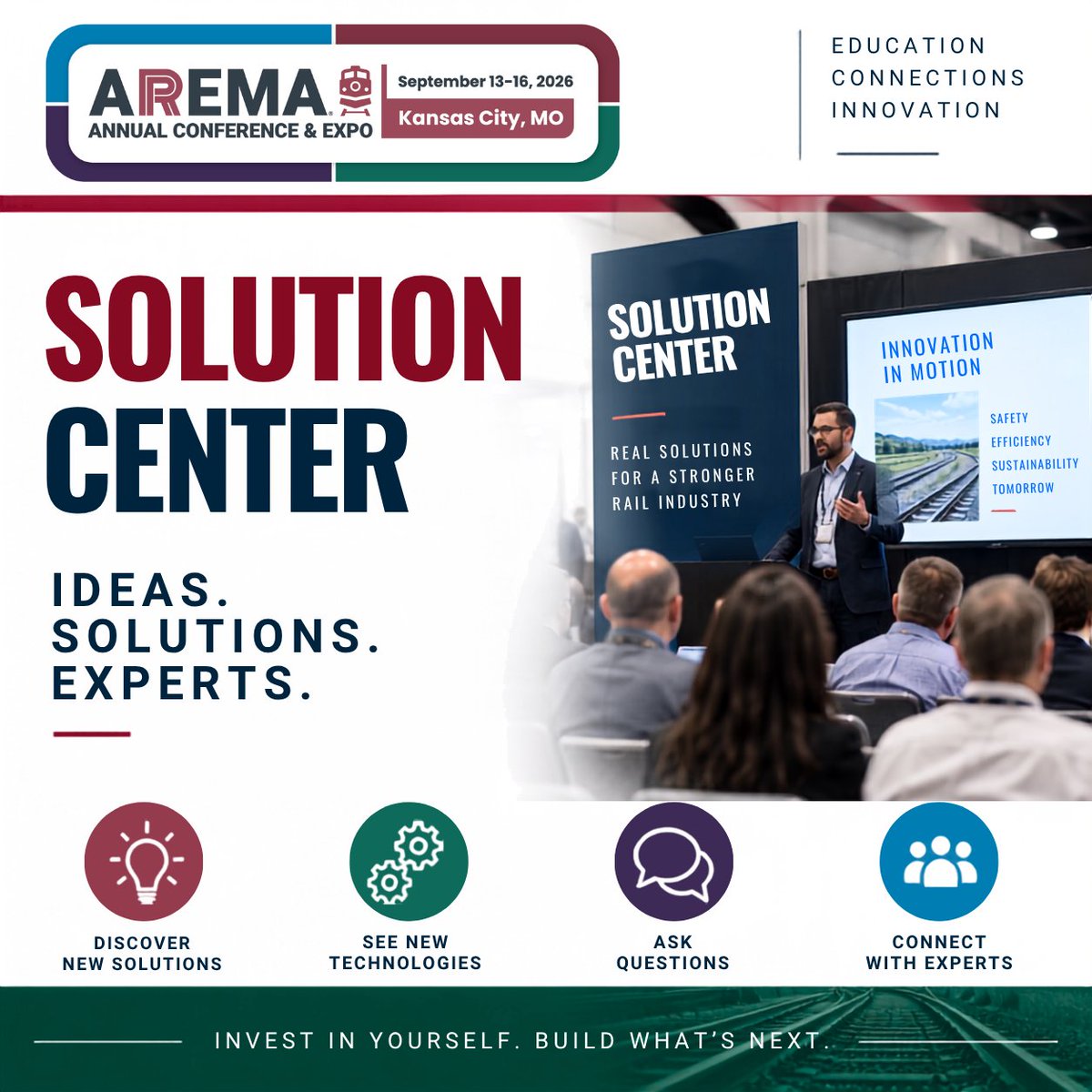 AREMArail's tweet photo. Stop by the Solution Center to hear short presentations from exhibiting companies showcasing solutions, technologies, and innovations designed for the railway industry. 

Discover new approaches, ask questions, and connect with the experts behind them. https://t.co/TXoarBdQt6