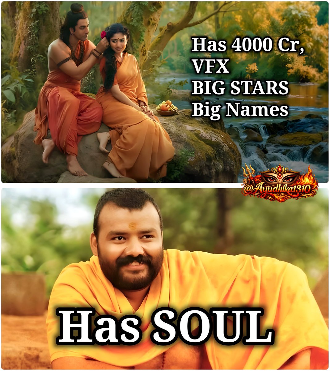 Ayudhika1310's tweet photo. RAMAYANA: ₹4000 CRORE.
STARS. VFX. BIG NAMES.

HANUMAN ANSH: ALMOST NOTHING.
AND STILL HAD SOUL.

Devotion isn’t purchased.  
It’s felt. https://t.co/Cu8H3MJTJ2