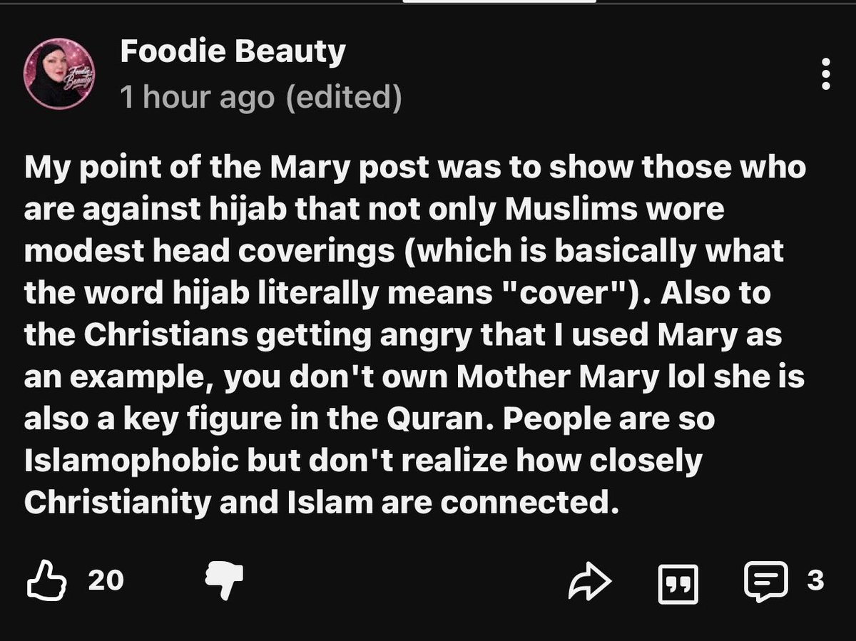 FarrahFiasco's tweet photo. Mary came around 7 centuries before Islam. She is the sacred feminine. She is next to God for us Catholics. 

Chantal really is an unholy, unclean beast. Stay fat, cutie. #foodiebeauty https://t.co/tSgnRWTsFi