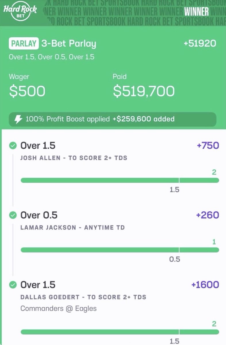 AndySlater's tweet photo. WOW: Someone in Florida on Sunday turned $500 into $519,700 using a @HardRockBet profit boost 🚀😱 https://t.co/yUcUNz9KSd