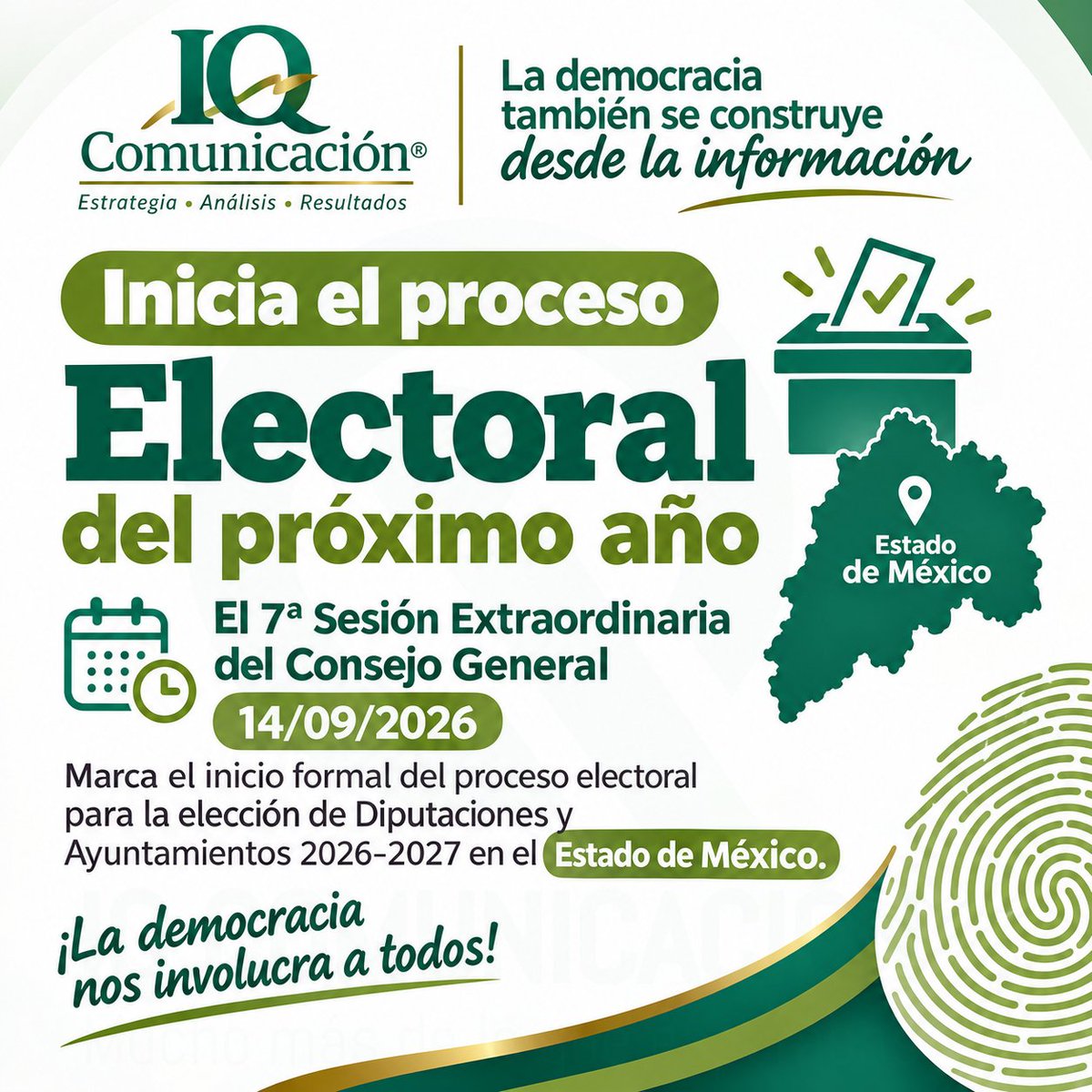 QcomunicacionI's tweet photo. 🗳️ ¡Inicia el Proceso Electoral 2026–2027!

Este 14 de septiembre de 2026, con la 7ª Sesión Extraordinaria del Consejo General, inicia formalmente el proceso para elegir Diputaciones y Ayuntamientos en el Estado de México.

📊 En IQ Comunicación damos seguimiento con información. https://t.co/tfnOl13a5n