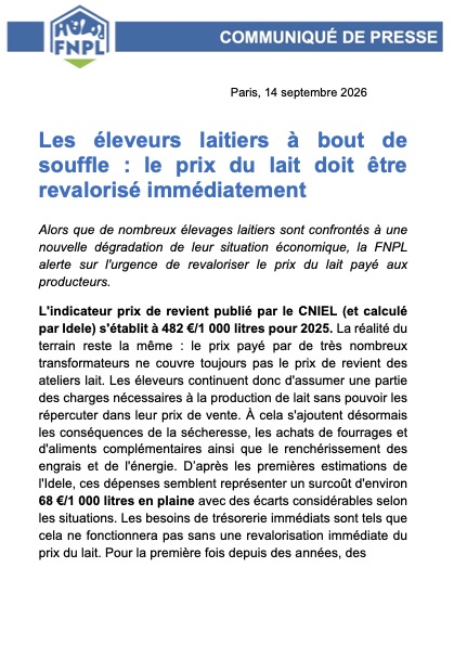 FNPLait's tweet photo. Communiqué de presse // L'indicateur prix de revient publié par le CNIEL (et calculé par @InstitutElevage ) s'établit à 482 €/1 000 litres pour 2025. Les éleveurs laitiers à bout de souffle : le prix du lait doit être revalorisé immédiatement #ceuxquifontlelait https://t.co/B1NRxMugPA