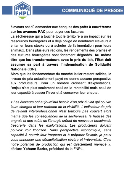 FNPLait's tweet photo. Communiqué de presse // L'indicateur prix de revient publié par le CNIEL (et calculé par @InstitutElevage ) s'établit à 482 €/1 000 litres pour 2025. Les éleveurs laitiers à bout de souffle : le prix du lait doit être revalorisé immédiatement #ceuxquifontlelait https://t.co/B1NRxMugPA