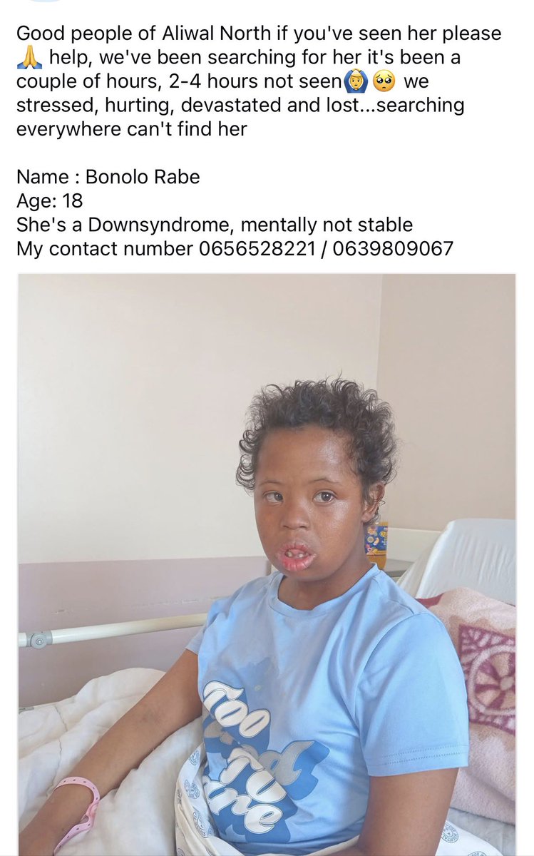 zannie_lmn1's tweet photo. 🚨 URGENT MISSING PERSON APPEAL – ALIWAL NORTH, EASTERN CAPE 🚨

We are desperately asking for help in finding a young woman who has been missing for more than a week.

She has Down syndrome, her family has had no trace of her, and they are extremely worried 🥺.
#MissingPerson https://t.co/MFVBtT3znG