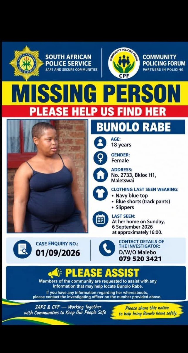 zannie_lmn1's tweet photo. 🚨 URGENT MISSING PERSON APPEAL – ALIWAL NORTH, EASTERN CAPE 🚨

We are desperately asking for help in finding a young woman who has been missing for more than a week.

She has Down syndrome, her family has had no trace of her, and they are extremely worried 🥺.
#MissingPerson https://t.co/MFVBtT3znG
