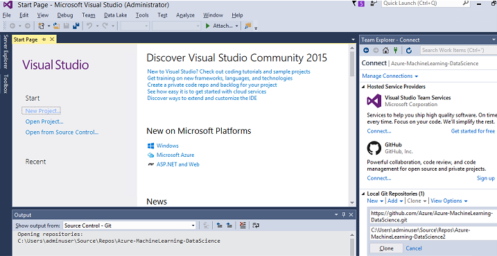 Screenshot showing Visual Studio with the GitHub connection displayed.