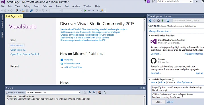 Screenshot showing Visual Studio with the GitHub connection displayed.