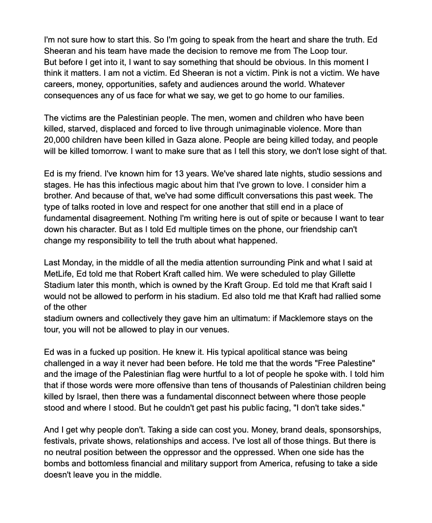 prem_thakker's tweet photo. Macklemore says Robert Kraft — who owns Gillette Stadium, where Macklemore &amp; Ed Sheeran were to perform later this month — called Sheeran.

Kraft rallied other owners together behind an ultimatum for Sheeran: if Macklemore stays on the tour, you won't be allowed in our venues. https://t.co/0JyBQGzpPT
