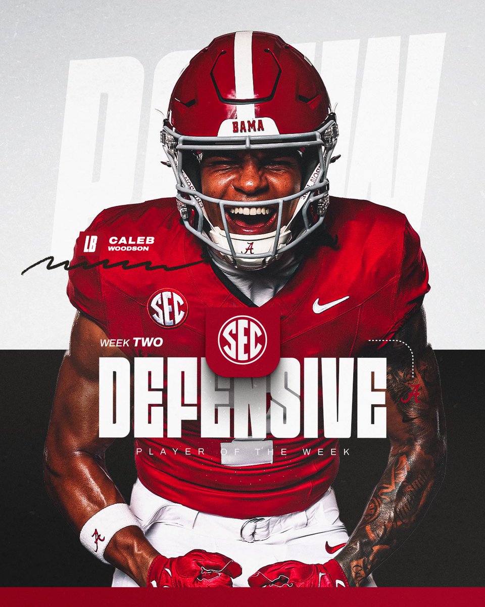 AlabamaFTBL's tweet photo. SEC Defensive Player of the Week 😤

🏈 @CalebWoodson3 https://t.co/ZzhbWMqHO8