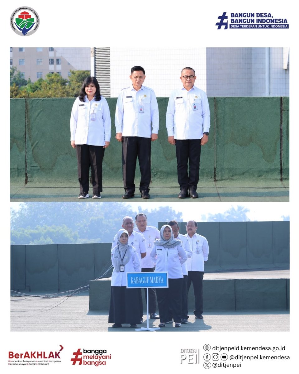 DitjenPEI's tweet photo. Jakarta (14/09) – Ditjen PEID menggelar Apel Pagi di Rooftop Gedung B . Pembina Apel (Direktur PPUDDT) menekankan penyesuaian IKU, kelengkapan dokumen top-up anggaran, serta percepatan kegiatan tepat waktu demi target logframe &amp; outreach. 🚀

#ApelPagi #DitjenPEID #KemendesPDT https://t.co/kzsoTdVnZb