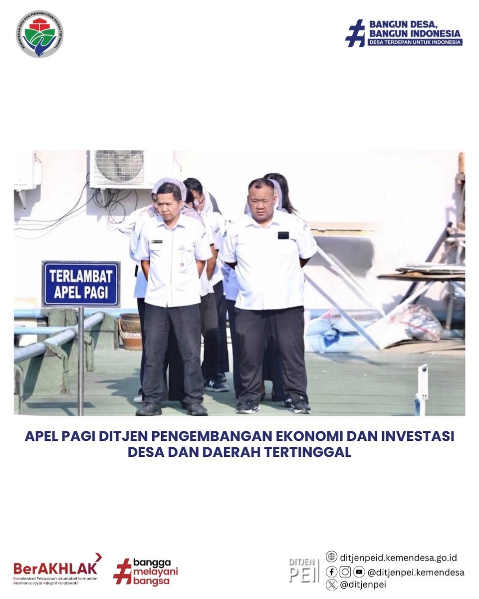 DitjenPEI's tweet photo. Jakarta (14/09) – Ditjen PEID menggelar Apel Pagi di Rooftop Gedung B . Pembina Apel (Direktur PPUDDT) menekankan penyesuaian IKU, kelengkapan dokumen top-up anggaran, serta percepatan kegiatan tepat waktu demi target logframe &amp; outreach. 🚀

#ApelPagi #DitjenPEID #KemendesPDT https://t.co/kzsoTdVnZb