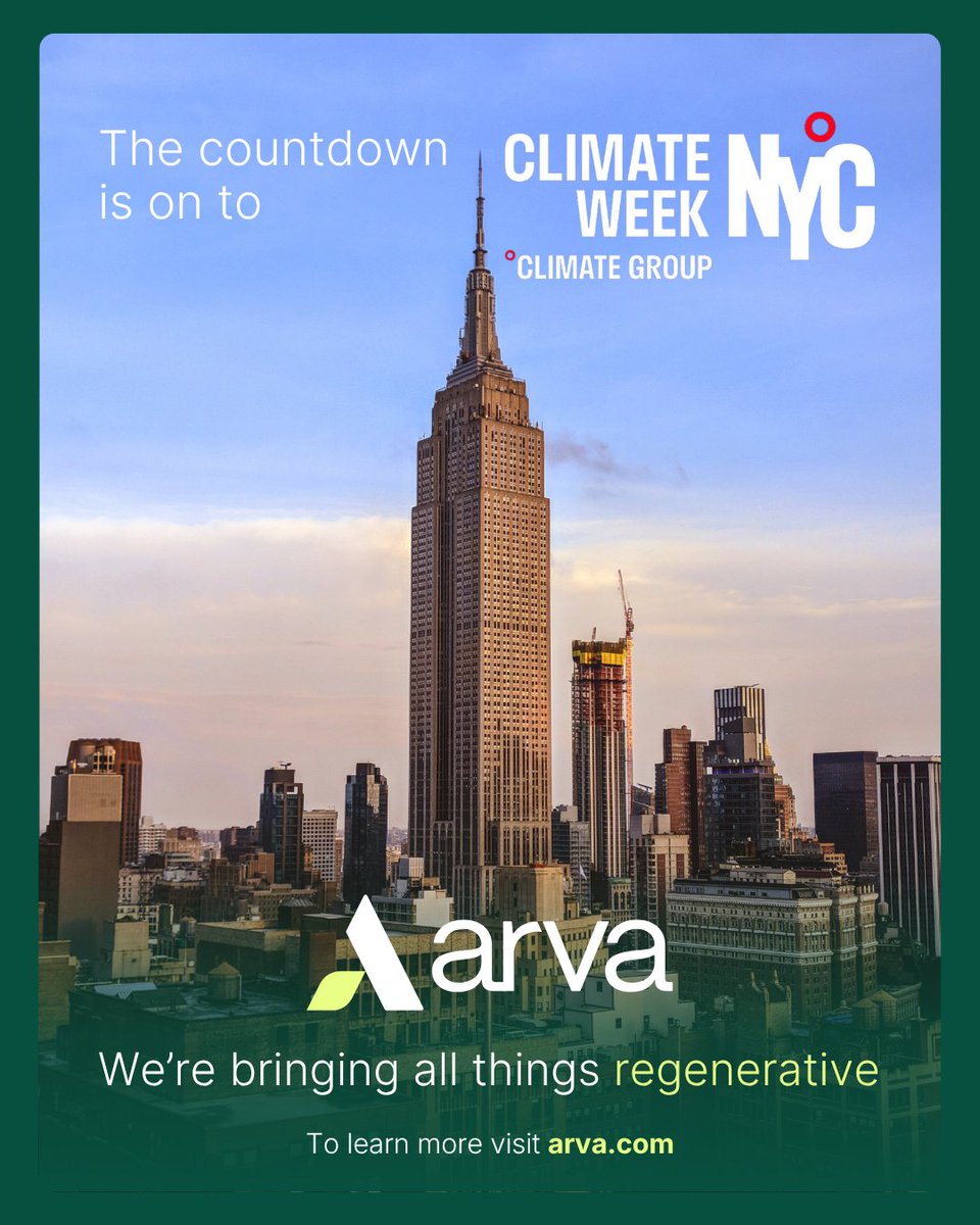 ArvaIntel's tweet photo. Climate Week NYC is coming. And Arva is heading to New York in less than two weeks. 

This Climate Week, we're talking about what it takes to connect corporate climate ambition with measurable action on the ground.

On September 24, Arva is bringing sustainability leaders together for the Arva ScopeShare™ Workshop. 

The day will explore practical approaches to agricultural Scope 3 - from measurement and verification to program structure, investment considerations, and real-world implementation.

Accelerating the Path to 2030 - Together. Register here: https://t.co/T239Sqx1Jm 

Want to know where else you can find us? Visit our website for our full schedule: https://t.co/jJTDllQ3zQ 

See you in NYC. @ClimateGroup

#ClimateWeekNYC #RegenerativeAgriculture #Scope3 #SustainableAgriculture #ClimateAction #FoodSystems #SupplyChain #Agriculture #Sustainability