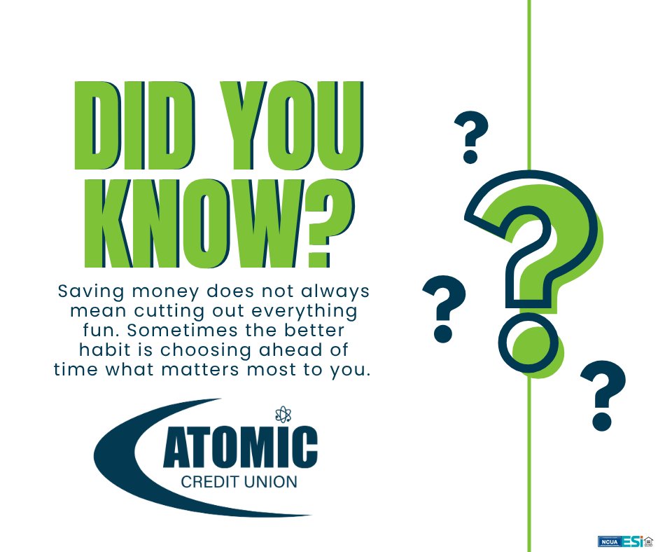 Atomic_CU's tweet photo. Did you know? Saving money does not have to mean saying no to everything you enjoy. Sometimes it starts with simply deciding what matters most to you and making a plan around it. Small choices can lead to big progress over time. #ACU4U https://t.co/CZR0L4WiSD