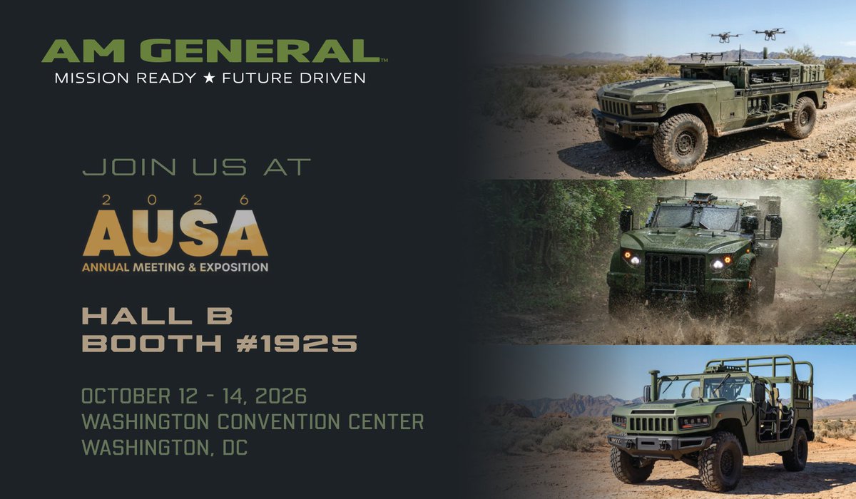 AMGeneral_LLC's tweet photo. We are dedicated to bolstering the Warfighter's readiness with advanced capabilities. The JLTV A2, UGV (Unmanned Ground Vehicle), and the upcoming HUMVEE platform showcase our emphasis on flexibility and soldier-centered design. Stop by #AUSA2026 Hall B booth #1925 https://t.co/xa020e4YnH