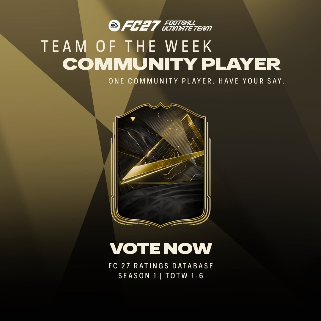 EASPORTSFC's tweet photo. They make their case on the pitch. You make your pick. ⚽🗳️

For each of the first six #FC27 Team of the Week squads, your vote will help shape a Community Player selection.

Every player in the Ratings Database is eligible. Have your say now: https://t.co/Z6yNXnE9Dp https://t.co/Dl3TKbZ1Kz