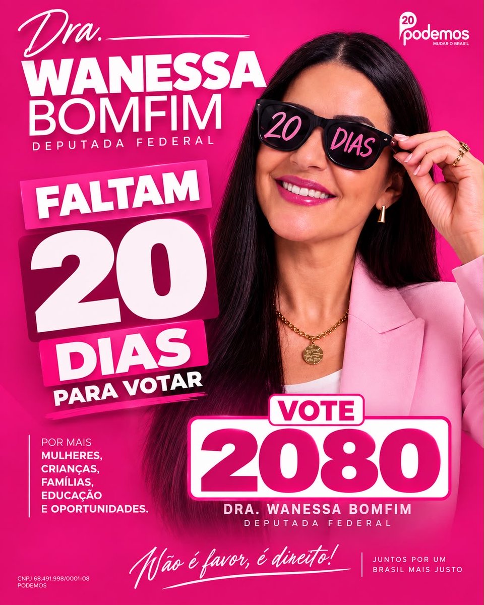 drawbomfim's tweet photo. Faltam 20 dias! 🩷

20 dias para escolher quem vai representar nossas mulheres, crianças e famílias na Câmara Federal.

Estou fazendo uma campanha diferente: limpa, respeitosa, olho no olho e voto a voto. Sem poluição nas ruas, mas com presença, propostas e propósito. https://t.co/AuoBpxGkwU