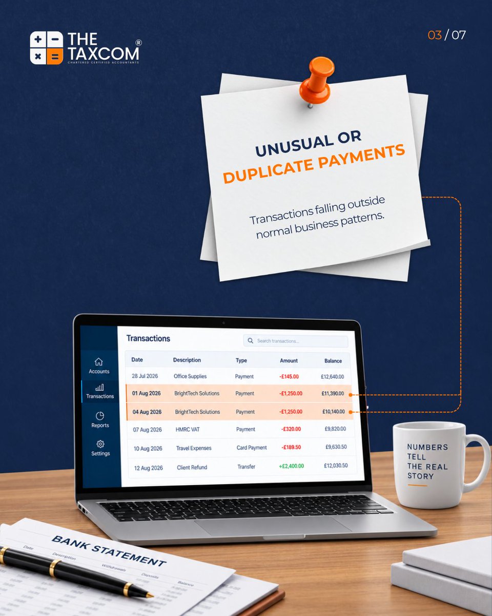 TheTaxCom's tweet photo. Would you recognise when something doesn’t add up? 🔍

Unexplained transactions.
Duplicate payments.
Missing documents.
Records that won’t reconcile.
Unexpected financial changes.

They don't automatically mean fraud, but they may warrant investigation.

Don’t assume. Investigate https://t.co/eaRz8X0Ggx