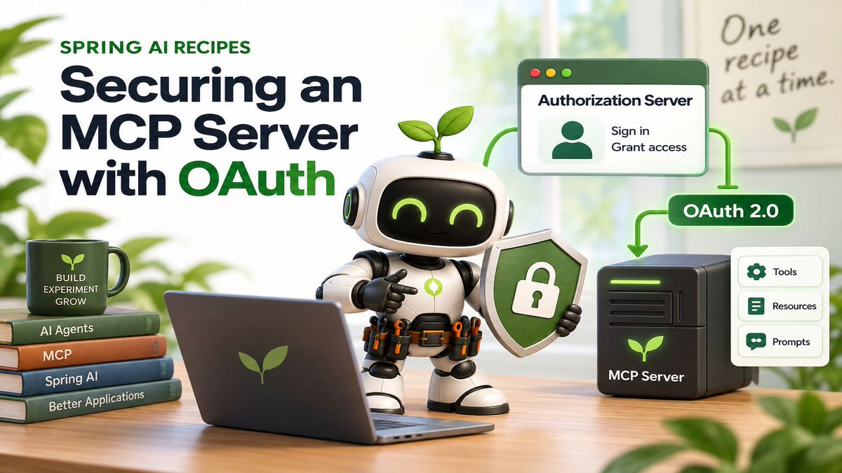 habuma's tweet photo. Securing an MCP server with an API key is easy, but sometimes you need something more robust. In this recipe, we’ll put OAuth 2.0 to work with Spring AI to secure an MCP server. 

https://t.co/ZsFl2kIh5g

#SpringAI #MCP #OAuth2 #SpringSecurity #Java #AgenticAI https://t.co/f97v8ceKjf