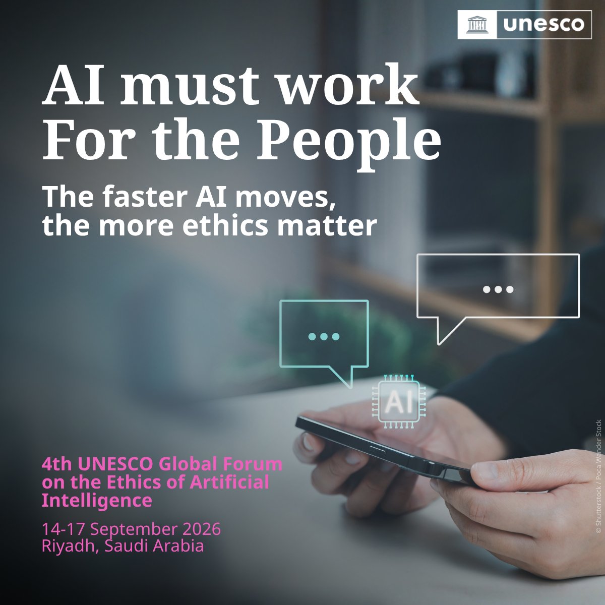 UNESCO's tweet photo. #AI is outpacing the rules meant to govern it. 

@UNESCO is turning ethical principles into practice—from the 2021 Recommendation on #AIEthics to tools that help countries strengthen AI policies and governance.

This week, the 4th UNESCO Global Forum on AI Ethics in Riyadh unites governments, the private sector, researchers, and civil society to ensure AI serves the public good.

Learn more: https://t.co/XSNz07tatT

#GFEAI @SDAIA_SA @ICAIRE_AI