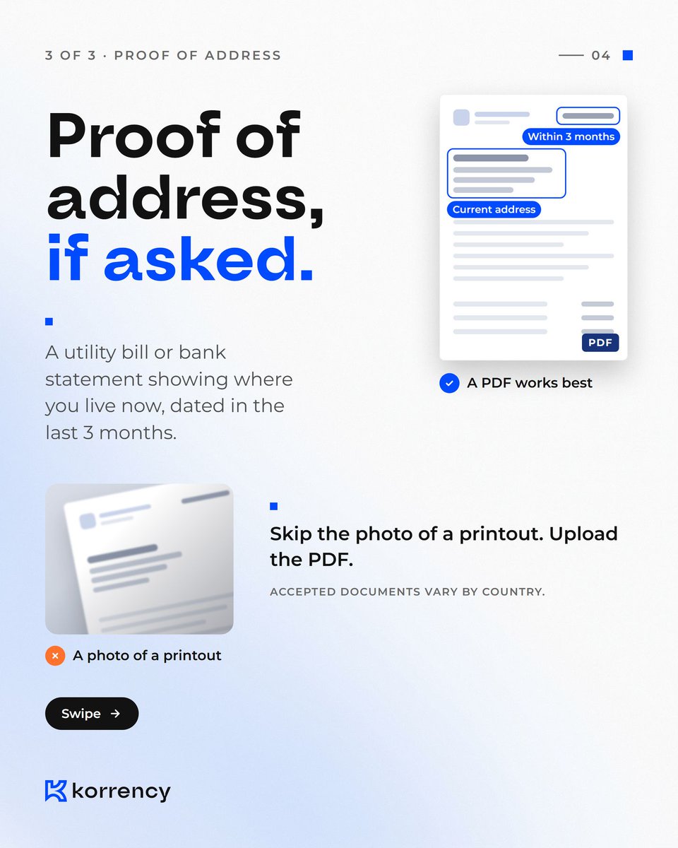 SendKorrency's tweet photo. Verify once. Get it right first time.

Have these ready:
1. One valid ID
2. A clear selfie, facing the light
3. Proof of address, if asked

https://t.co/Wzm8kU4KwG https://t.co/DrKegASD7M