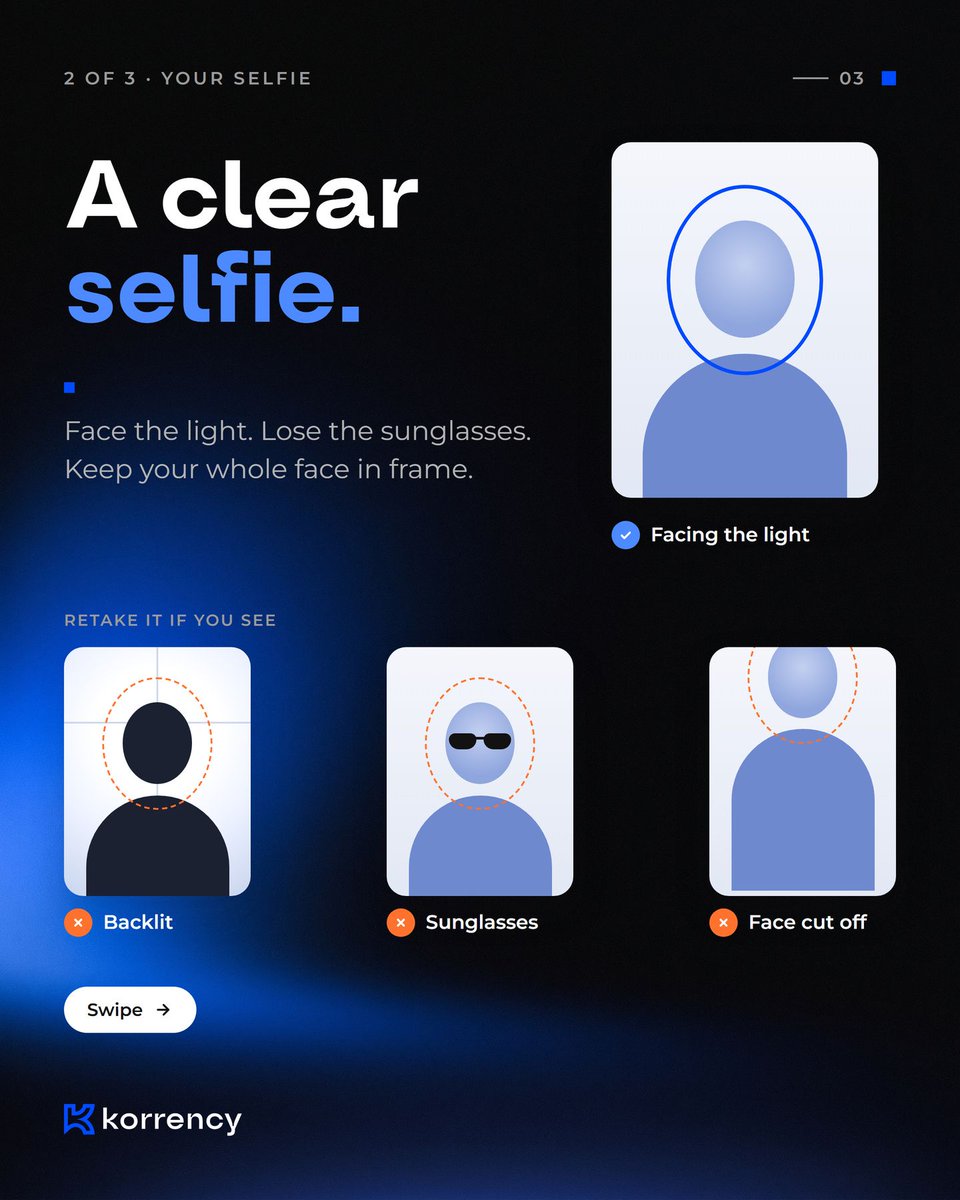 SendKorrency's tweet photo. Verify once. Get it right first time.

Have these ready:
1. One valid ID
2. A clear selfie, facing the light
3. Proof of address, if asked

https://t.co/Wzm8kU4KwG https://t.co/DrKegASD7M