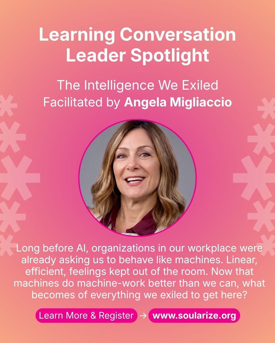 SpencerBurke's tweet photo. Learning Conversation Leader Spotlight ✨

Meet Angela Migliaccio, exploring AI, human development, and the sacred.

Her question for Soularize: What if AI helps us rediscover what technology can’t replace?

#Soularize2026 #LearningConversations https://t.co/bd3RWKTB6i