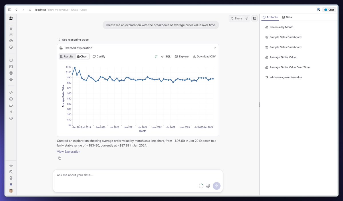 the_cube_dev's tweet photo. New in Cube: Chat Artifacts keeps model branches, Workbooks, Dashboards, and saved explorations tied to each Analytics Chat—so teams can switch conversations, work in parallel, and keep context intact.

https://t.co/tcd6igDAx6 https://t.co/9wF2TCdC70