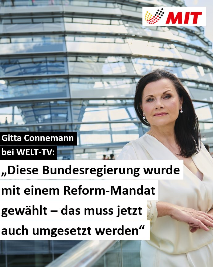 MIT_bund's tweet photo. Der Reformbedarf liegt auf der Hand. Davon darf jetzt nicht abgewichen werden. Die Folgen ausbleibender Reformen zeigen sich besonders bei den steigenden Lohnnebenkosten. Das kostet unsere Wirtschaft Wettbewerbsfähigkeit und den Beschäftigten bleibt immer weniger Netto vom Brutto.
Deswegen müssen die angekündigten Reformen in den Sozialversicherungen jetzt auch schnell umgesetzt werden. „Diese Bundesregierung wurde mit einem Reform-Mandat gewählt“, betont unsere MIT-Bundesvorsitzende @Gitta_Connemann bei @WELT-TV. „Das muss jetzt auch umgesetzt werden“, so Connemann weiter.
Personaldiskussionen bringen Deutschland nicht voran. Reformen schon. Deutschland kann nicht warten. Der Mittelstand kann nicht warten. Wir brauchen Tempo, Tatkraft und den klaren Willen zur Veränderung 👉https://t.co/sJ9COW5dV3