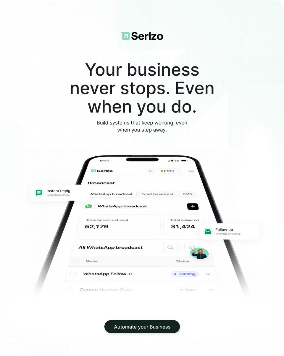 serlzo's tweet photo. Your business shouldn’t stop working simply because you stepped away from your laptop.

As your business grows, there are things you shouldn’t have to keep doing manually. Following up with customers, sending reminders, communicating with your audience and nurturing people who have shown interest in what you sell should happen consistently, whether you’re online or not.

This is why building systems is so important. The goal isn’t to work every hour of the day; the goal is to build a business that can continue doing the right things even when you’re focused on something else.

With Serlzo, we’re building the infrastructure that helps you automate how you communicate with your customers across WhatsApp, email and SMS, so your business can keep selling, following up and building customer relationships without everything depending on you being there.

You should be able to step away from your business without your business stepping away from your customers.