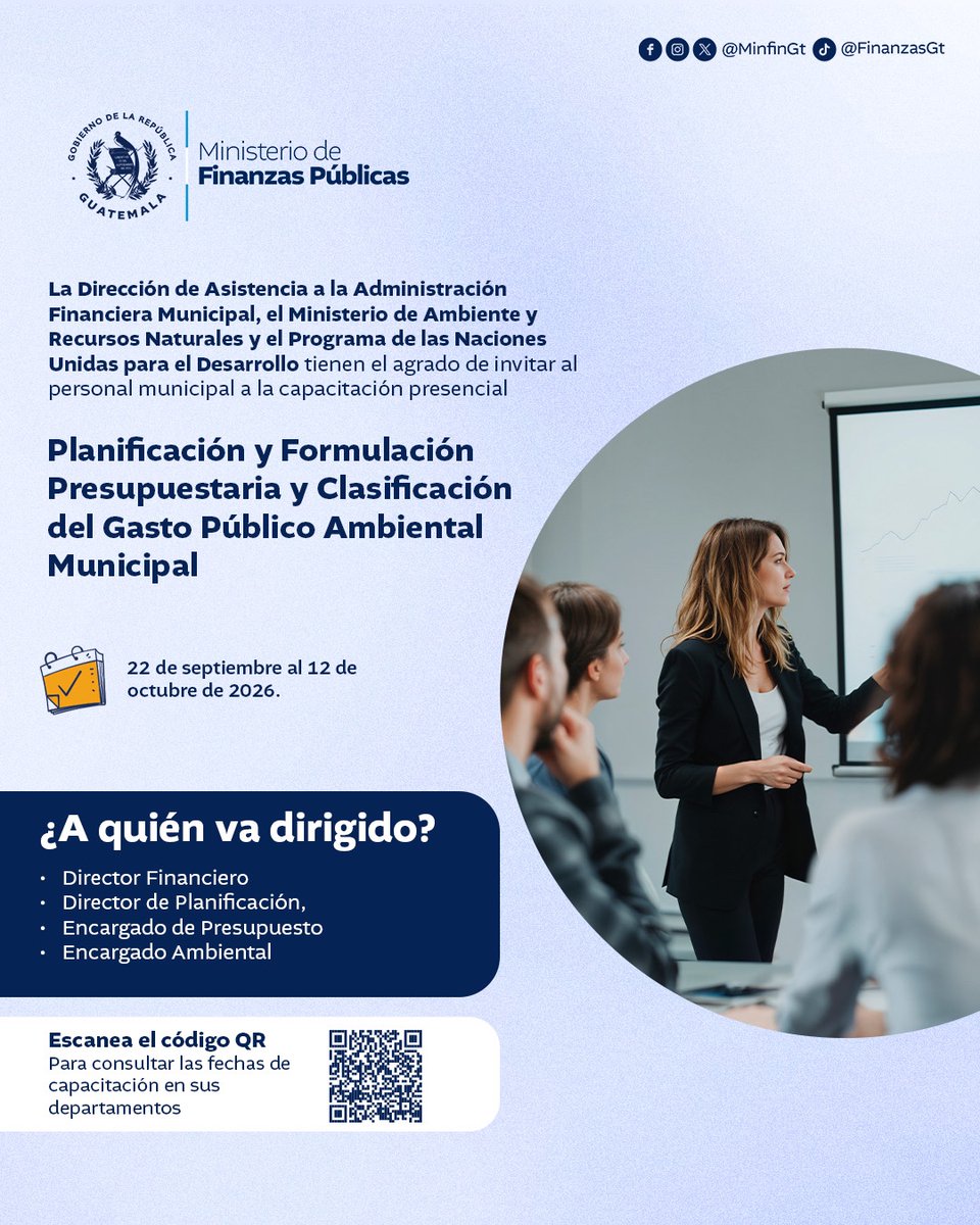 MinfinGT's tweet photo. El #Minfin, a través de la #DAAFIM, así como #MARN y #PNUD te invitan a participar en la capacitación dirigida al personal de las municipalidades sobre Planificación y Formulación Presupuestaria y Clasificación del Gasto Público Ambiental Municipal
📅 22 de septiembre al 12 de octubre de 2026
⏰08:00–16:00
🏢Presencial

🖇️Más información en: https://t.co/XcDrqO22Ez

@jmenkos
@BArevalodeLeon
@GuatemalaGob
