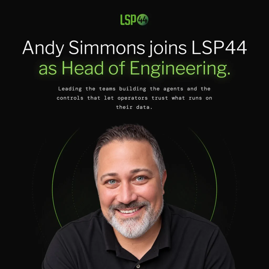 A man smiling with text announcing his new role at LSP44 as Head of Engineering.