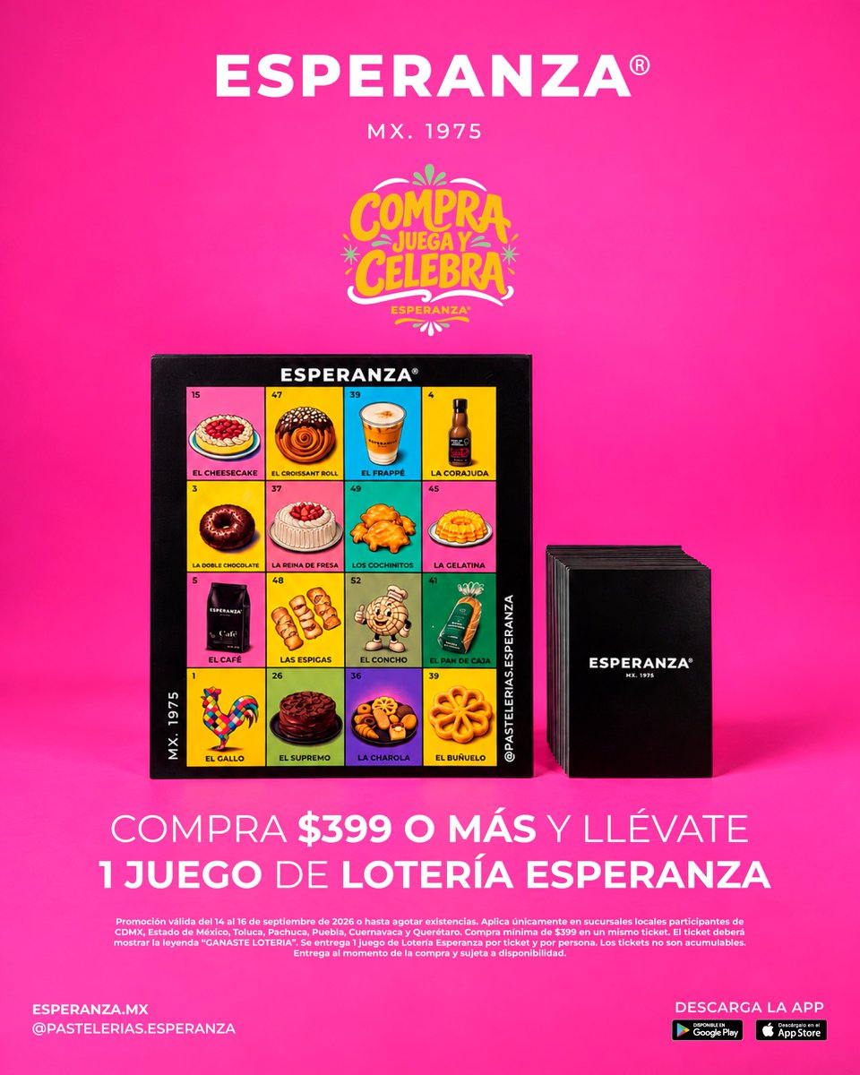 laesperanzamx's tweet photo. Celebremos lo nuestro… jugando. Del 14 al 16 de septiembre, compra $399 o más y recibe 1 juego de Lotería Esperanza. Solo Sucursales Locales. Hasta agotar existencias. 

#PasteleriasEsperanza #DeleitandoTusSentidos #CelebremosLoNuestro #JuegaYcelebra https://t.co/Ioh7bitIYh
