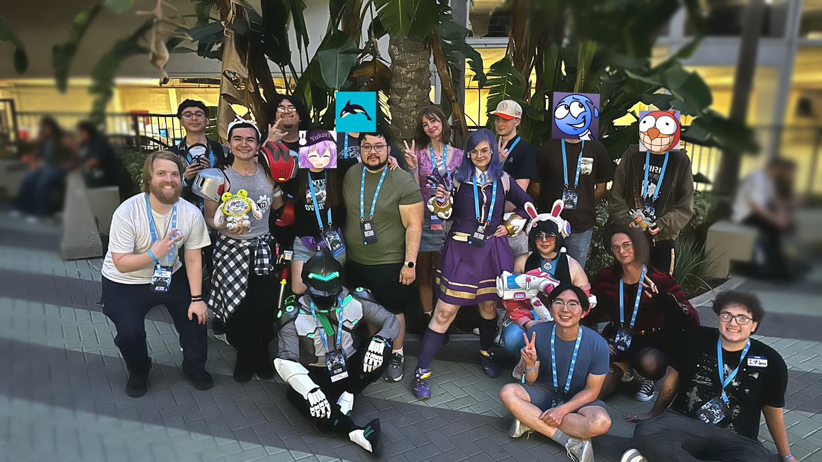 Purpzuki's tweet photo. One Trick On Top group photo spontaneously happened right after Blizzcon ended… I got these dorks together for a silly OW event and now we’ve met each other irl?? one of my favorite moments, so surreal 🥹 #overwatch #blizzcon #onetrickontop @Ace_Says_Hi @xeno__ow https://t.co/FW9ofrxicA