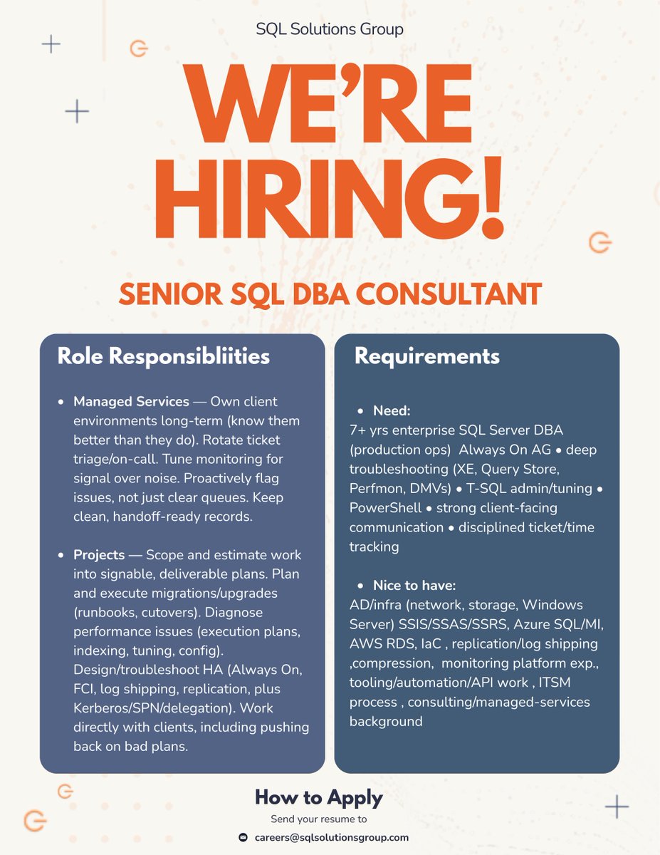 SQLGroup's tweet photo. Email resume to careers@sqlsolutionsgroup.com

#hiring #recruiting #dba #seniordatabaseadmin #sql #sqlfam #sqlsolutionsgroup #sqlcommunity #seniordba https://t.co/WBa1cHakPD