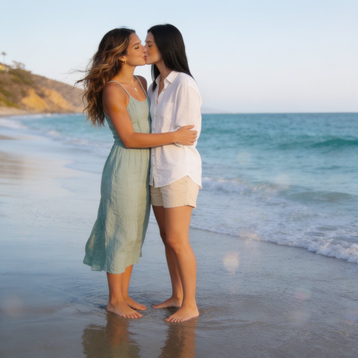 heysolanarey's tweet photo. blue‑green shoreline glow rising around their morning closeness
her hands resting softly at her waist in warm coastal stillness
a gentle kiss held in soft pacific motion
morning light folding around two figures in devotion https://t.co/mr291FjgOR