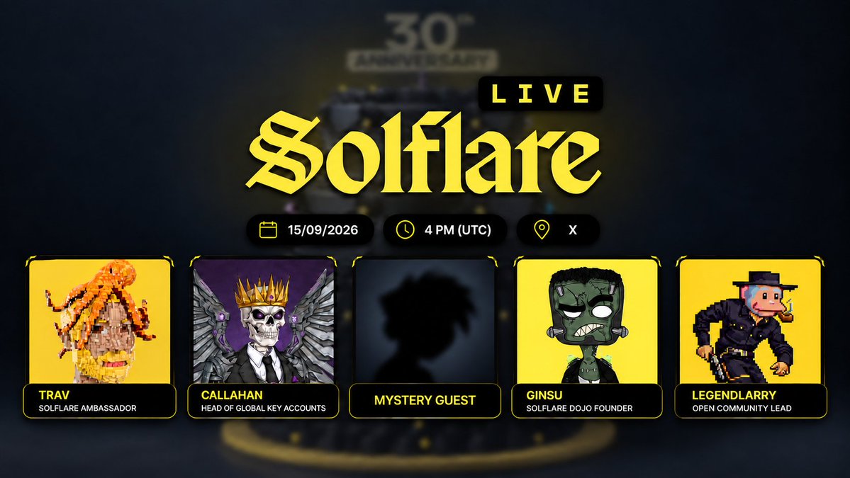 solflare's tweet photo. Now it’s time to share those 30 years of memories with the greatest Solana community.

Tomorrow, at 4 PM UTC, join us for a special Solflare LIVE with a crazy lineup to celebrate 30 years of... 👀

- @Trav_Sol
- @callahan_dks
- @XGinsu
- @LegendlarrySol
- ???

Broadcast link ↓ https://t.co/8hbwhZC2JP
