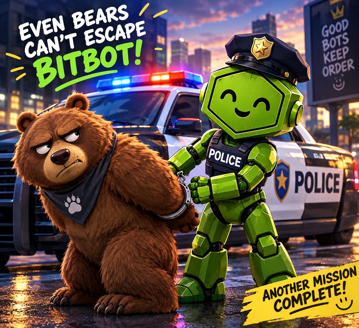 harmourw1's tweet photo. The bear thought he could run from justice… unfortunately, he forgot that $Bitbot doesn’t get tired, doesn’t need sleep, and apparently has zero tolerance for bear-related crimes  
@BitBotsOnChain https://t.co/NFZP7VmydH