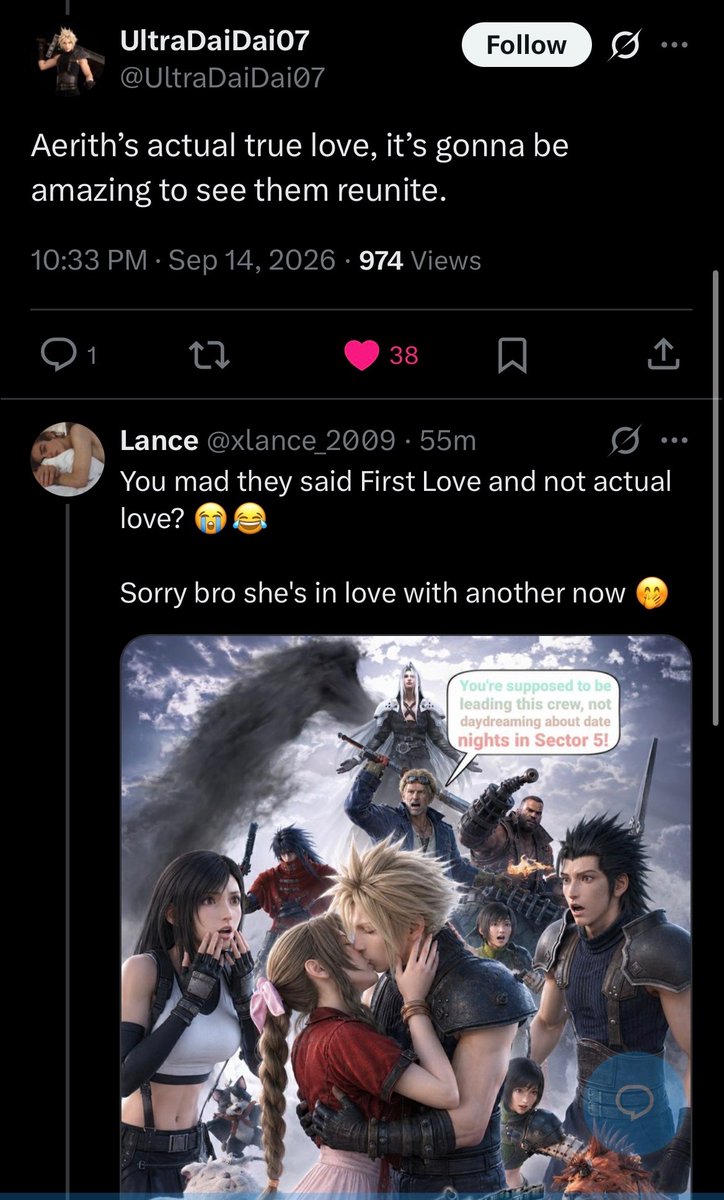 Starlight110379's tweet photo. Not them using AI to make aerith and cloud kiss LOL the cope is real. https://t.co/YLyK2mJ4uC