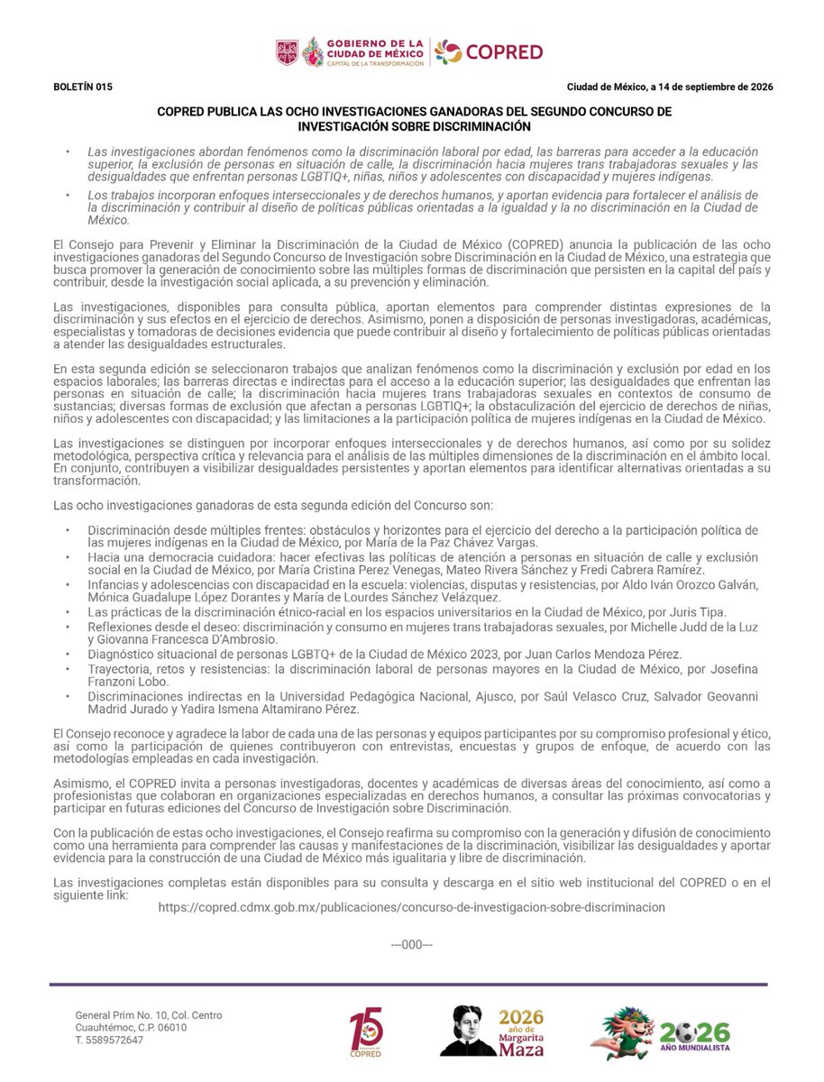 COPRED_CDMX's tweet photo. #Boletín 

📚 El COPRED publica las ocho investigaciones ganadoras del Segundo Concurso de Investigación sobre Discriminación en la CDMX.

🔎 Conoce sus aportes para prevenir y eliminar la discriminación: https://t.co/u6Uqljj0TY https://t.co/tQ8WzYUp8o