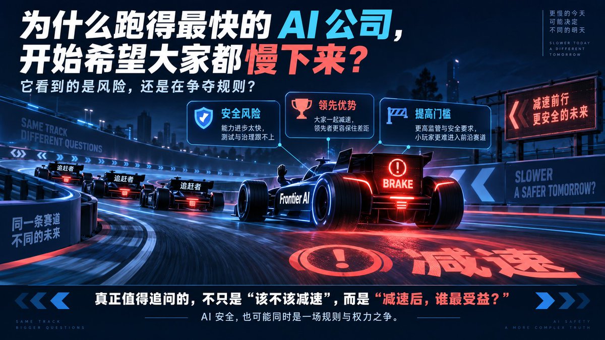 Martin34302's tweet photo. 一个很奇怪的时刻正在出现：
最努力把 AI 推到前沿的人，现在开始说：
我们可能推得太快了。
但我真正好奇的不是：
“AI 是不是真的太快？”
而是另一个问题：
为什么已经跑在最前面的 AI 公司，突然希望整个行��一起慢下来？ https://t.co/VMRvQa5Rgs