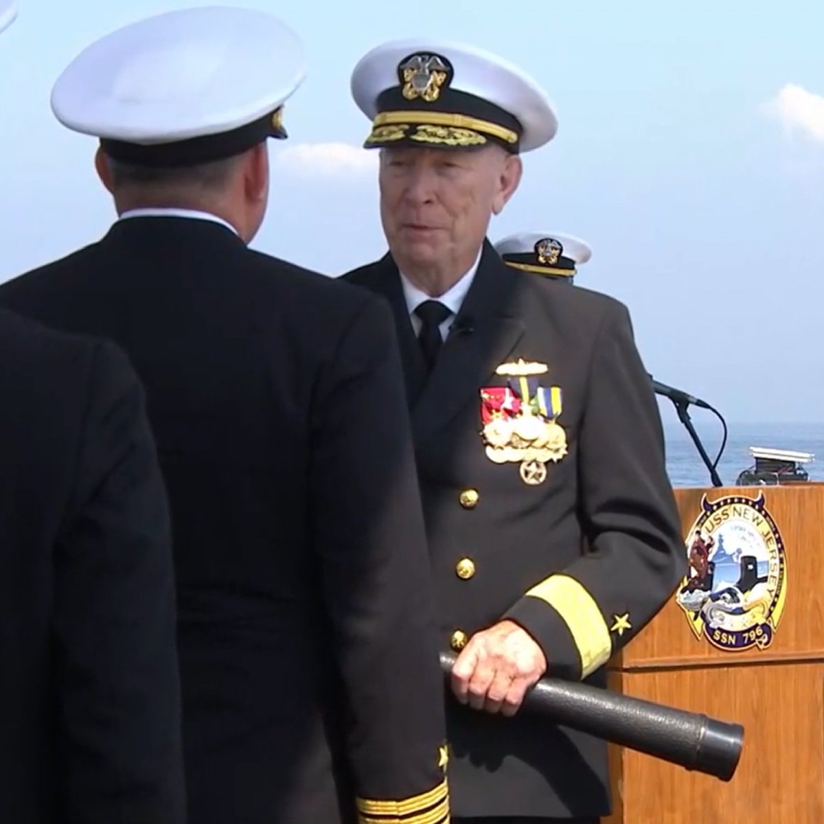 USN_Submariner's tweet photo. Two years ago today Block IV Virginia-class submarine USS New Jersey (SSN-796) was commissioned. 
Her commissioning pennant passed down from battleship New Jersey (BB 62). Passing of the Long Glass by RADM Ronald D. Tucker, BB 62's 19th &amp; last Commanding Officer. https://t.co/uPlnlwQoae