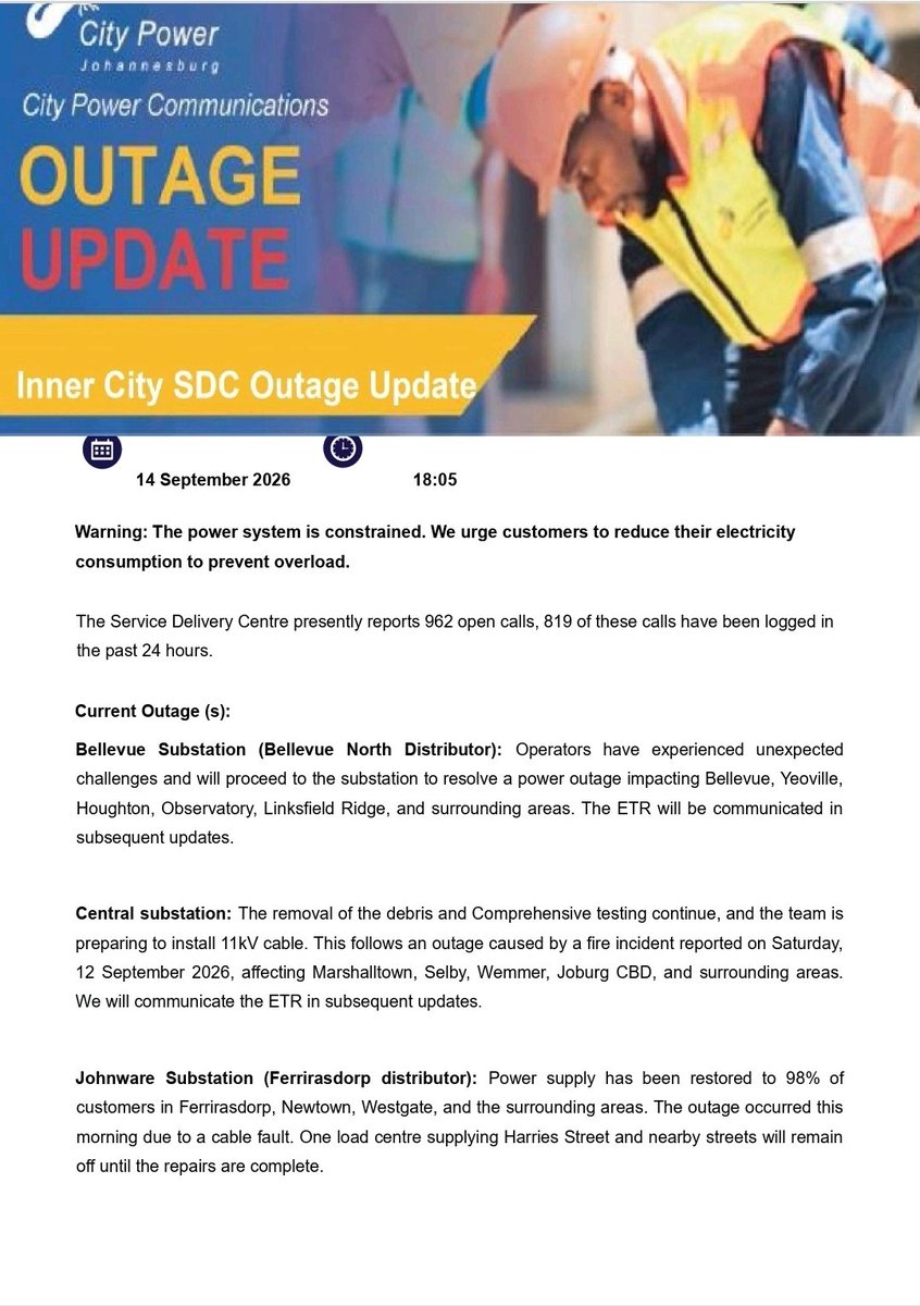 CityPowerJhb's tweet photo. #InnerCityOutage #CityPowerUpdates 

Kindly see the attached information for the latest updates and also follow our WhatsApp channel for electrifying updates on developments. ^MJ https://t.co/UBq27rhX9s