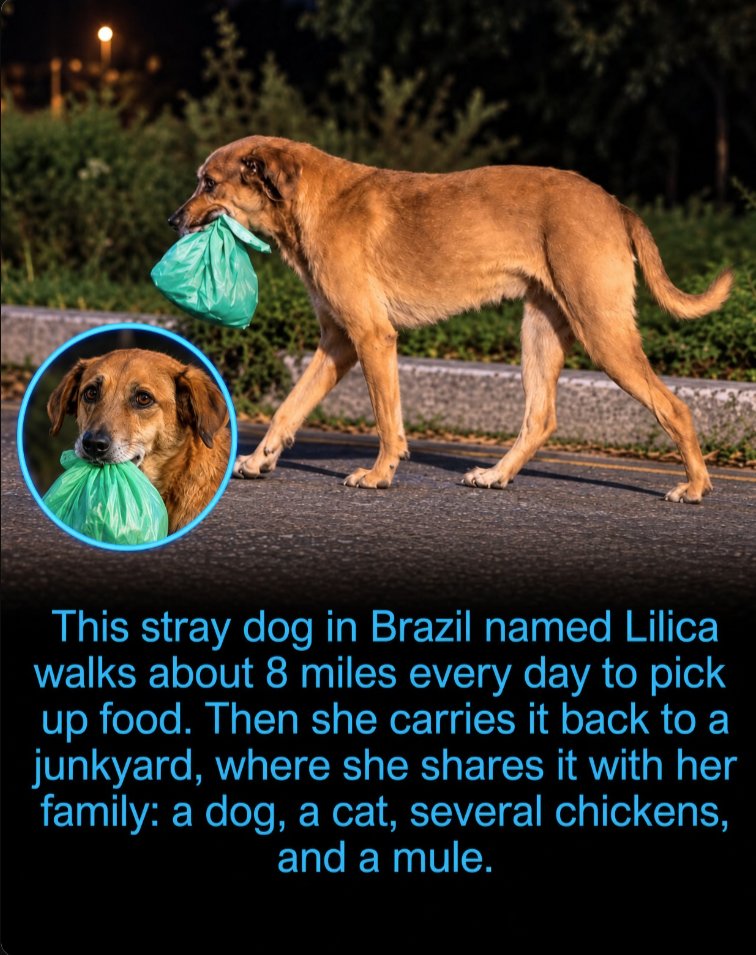 Rainmaker1973's tweet photo. Lilica was left as a puppy at a junkyard in São Carlos, in the interior of São Paulo. The yard’s owner, Neile Vânia Antônio, let her stay. Other dogs, a cat, chickens, and a mule lived there too. After she whelped a litter and food ran short, she began walking at night to a teacher, Lúcia Helena de Souza, who packed rice, sausage, and beans and handed her a bag.

Contemporary local reporting put the walk at about two kilometers along a busy road. Later retellings stretched it to four miles or twelve. What did not change is the rest of the circuit. Lilica ate a little, took the bag in her mouth, and went back to the scrap heap. The other animals ate from it. She kept the route for years, rain included, until the video made the yard briefly famous.

One stray dog. An 8-mile journey. One bag of food. A whole family waiting for her return.