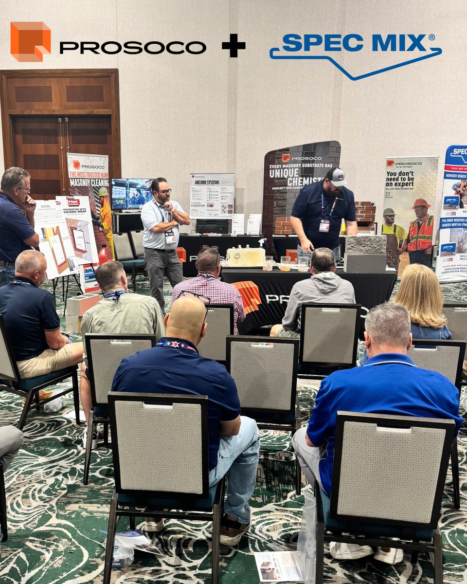PROSOCO's tweet photo. We are so excited to be back at the MCAA Mid-Year Meeting in San Antonio, Texas, where we are unveiling a new partnership with SPEC MIX. Two trusted brands, one coordinated assembly -- R-Guard Spray Wrap MVP and SPEC MIX's Thin Veneer Adhesion Mortar XP400/XP500. https://t.co/jDzeEs22fK