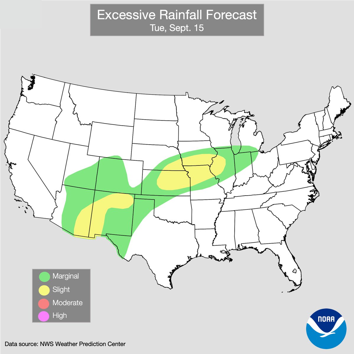 Excessive Rainfall Outlook showing Slight Risks across portions of Arizona and New Mexico and from the central Plains into Iowa and northern Illinois. Marginal Risk extends from the Southwest northeastward through the central Plains and into the Midwest.
