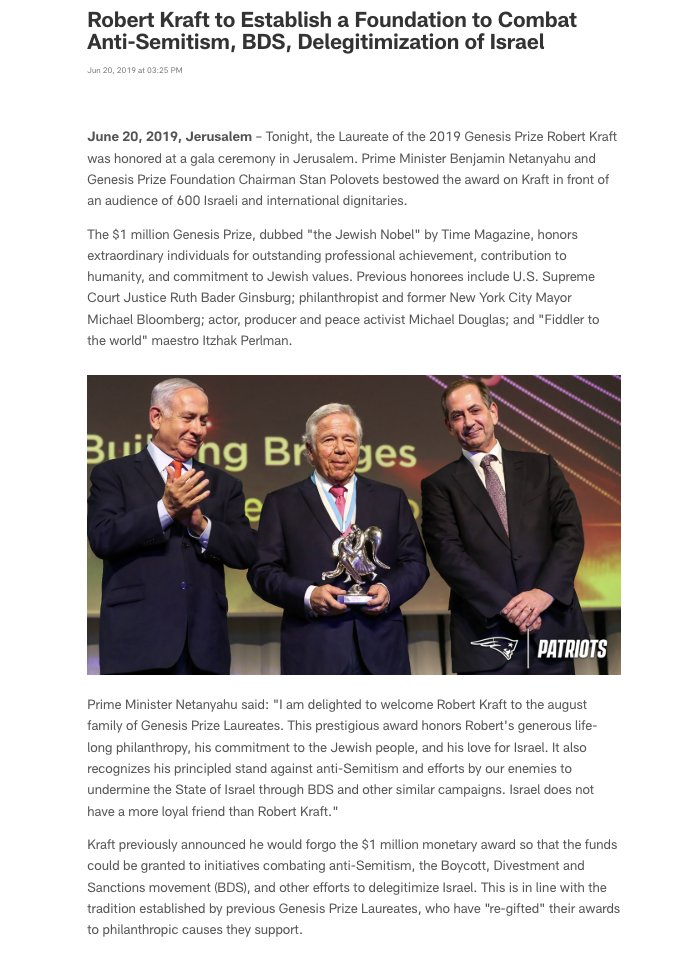 prem_thakker's tweet photo. Robert Kraft — who's given millions to pro-Israel orgs like AIPAC — got a $1M award from Netanyahu for helping stop people from boycotting Israel.
"Israel does not have a more loyal friend than Robert Kraft," Netanyahu said.

Now Kraft helps kick Macklemore off Ed Sheeran's tour: https://t.co/gdNPaLYg9h