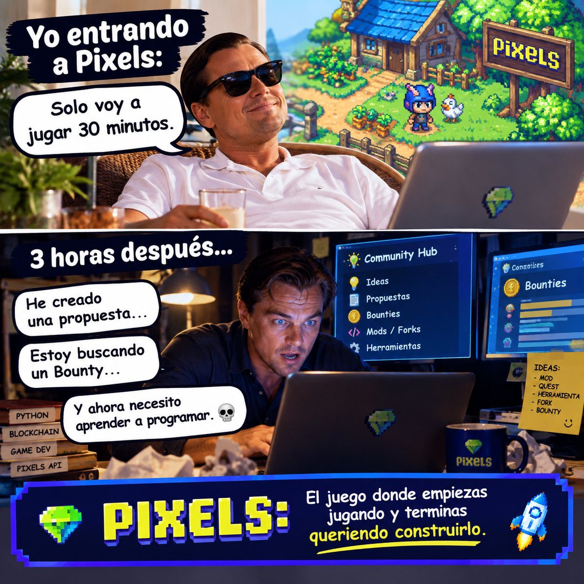 EndrickGuti's tweet photo. Entré a @pixels_online pensando:
“Solo voy a jugar 30 minutos.”😂
3 horas después:
💡Tengo una idea
🛠️Quiero construirla
💰Estoy buscando un Bounty
💀Y ahora tengo que aprender a programar
Pixels tiene un problema… te da demasiadas ganas de crear😂
#PixelsMOTW
#PixelsCreators https://t.co/Rm17QgQbmt