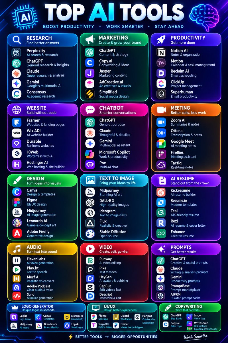 MdRimon488484's tweet photo. 🚀 100 AI TOOLS THAT TURN HOURS OF WORK INTO MINUTES

Stop doing everything manually. Save time, automate tasks, and get more done with these AI tools. 👇

1. Productivity
• ChatGPT • DeepSeek • Notion AI • BetterPic

2. Research
• Perplexity • Claude • Gemini • Otio • Silatus

3. Writing
• Jasper • HIX AI • Jenny AI • TextBlaze • QuillBot

4. Text → Image
• Grok • FLUX • Midjourney • Copilot • Firefly

5. Copywriting
• Rytr • https://t.co/e8yfLm2rDg • Writesonic • AdCopy • Jasper

6. Websites
• Dora • 10Web • Durable • LandingSite • Viz

7. Meetings
• tl;dv • Otter • Noty • Fireflies • MeetGeek

8. Resumes
• Kickresume • Teal • Careerflow • Resume AI • Resume Checker

9. Chatbots
• Chatfuel • Dante AI • Droxy • TryCortex • Mutual Info

10. Automation
• Make • Zapier • Xembly • Bardeen • Testim

11. Prompts
• Snack Prompt • CustomGPT • PromptBox • Alicent AI • SiteGPT

12. UI/UX
• Figma • Uizard • UiMagic • Photoshop • UX Pilot

13. Design
• Canva • Flair AI • Designify • Clipdrop • AutoDraw

14. Logo Generation
• Namelix • https://t.co/9emqtp1Z9G • Brandmark • Stockimg AI • Namecheap

15. Audio
• ElevenLabs • LOVO AI • Songburst • Adobe Podcast • VoicemyAI

16. Marketing
• Pencil • AI Ads • AdCopy • Simplified • AdCreative

17. Startups
• Tome • Ideas AI • Namelix • PitchGrade • Validator AI

18. Social Media
• Taplio • Typefully • Hypefury • Tweet Hunter • Postwise

19. Video
• Eightify • Klap • Opus Clip • InVideo • HeyGen

20. Image → Video
• Veo • Kling AI • Luma Dream Machine • Pollo AI • Sora

🔖 Bookmark this list.
Follow @MdRimon488484 for more AI tools, tips & resources.