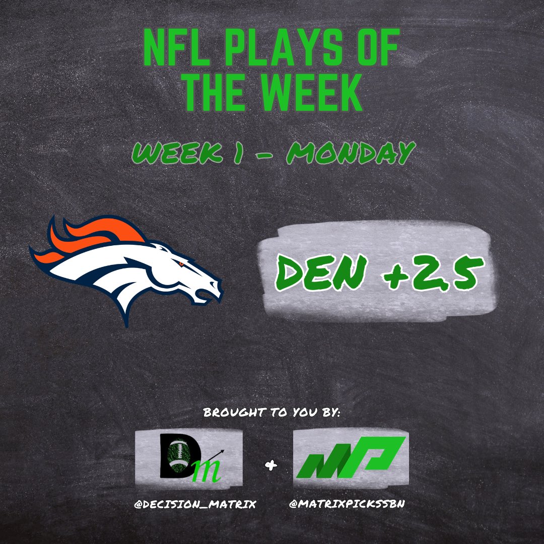Decision_Matrix's tweet photo. Monday Night Play:

Denver Broncos +2.5 (-112) 🐴 https://t.co/MTx8rGT5m1