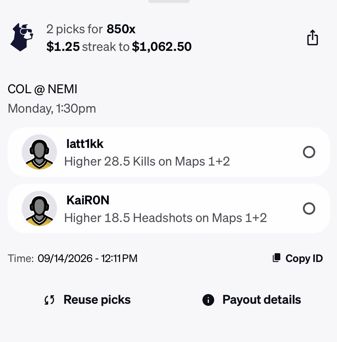 MooseProps_'s tweet photo. 🎯 Some cs2 props I like for this afternoon. Only 0.5 units on it. Good luck! 
⭐️ Also running a streak with Latt1kk and KaiRon. Let’s see if we can turn a 1.25 into 1k‼️ #cs2 #esports #cs2props #underdogstreaks #underdog https://t.co/bhWdXNLKyO